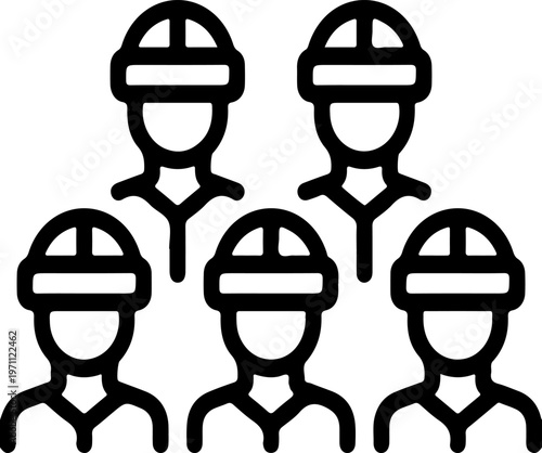 Construction worker team icon, group of builders wearing hard hats, industrial labor workforce line art vector, professional engineering crew