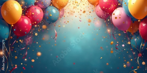 Gold confetti & balloons cascade down vibrant banner , decoration, ribbon