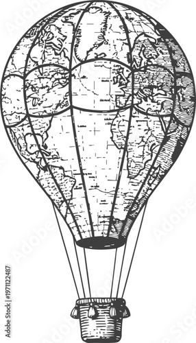 Vintage hot air balloon with world map print, travel and exploration concept illustration