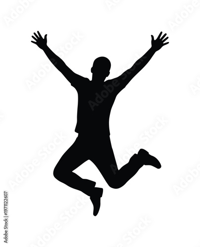 喜びを表現する男性のシルエット、両腕を広げてジャンプする躍動感あふれる人物のベクターイラスト、成功や自由を象徴するポジティブな感情の表現、ビジネスやライフスタイルデザインに最適なグラフィック素材