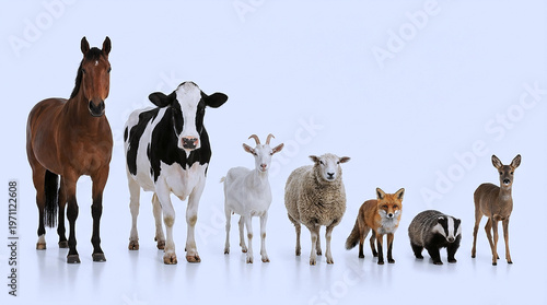 A group of various farm and wild animals standing together in a line on a white background