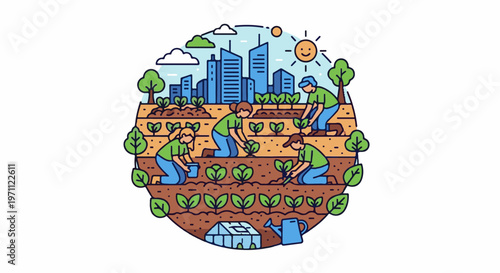 Urban gardeners plant seedlings with city skyline backdrop