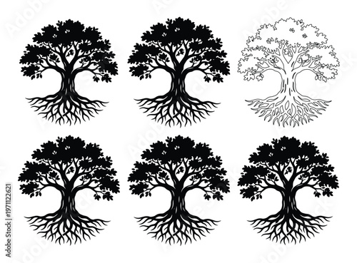 生命の木、力強い根と豊かな葉を持つ6種類のベクターイラストセット。自然、成長、生命力を象徴するシンボルデザイン素材。