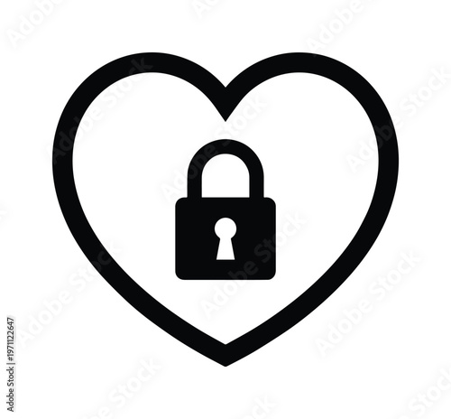 ハートと南京錠のシンプルなモノクロベクターアイコン、愛とセキュリティを象徴するミニマルなデザイン、デジタルコンテンツやウェブサイトに最適なグラフィック素材