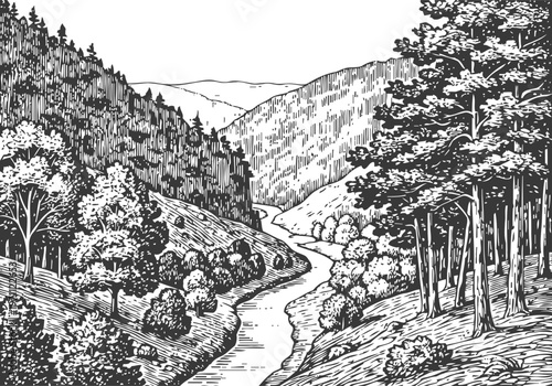 Curving river flowing through a dense forested mountain valley with trees and hills
