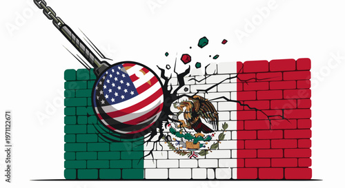 USA flag wrecking ball smashing Mexican flag brick wall