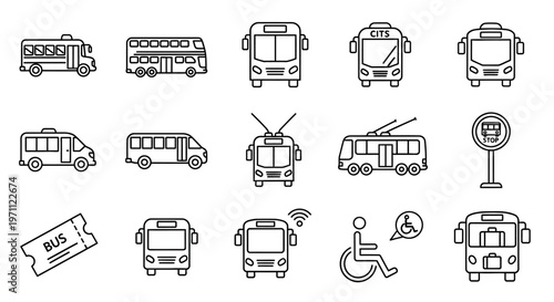 Public Transport Outline Icons Set. Vector Collection of City Bus, School Bus, Trolleybus, Mini Bus, Bus Stop, Ticket, and Accessibility Symbols.