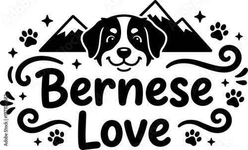 Bernese love dog face with mountain peaks and paw prints black and white vector art
