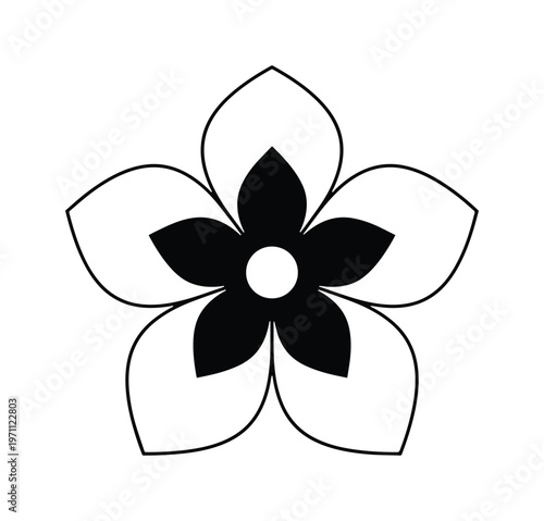 シンプルでモダンな五枚花弁のモノクロ花アイコン、ミニマルなデザイン要素、ウェブサイトやアプリのUI/UXデザインに最適なベクターイラスト素材