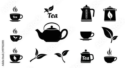 Collection of various tea icons and silhouettes including hot teacups, teapots, electric kettle, and fresh tea leaves, vector illustration