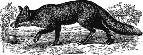 Black fox walking along ground exploring apple in vintage botanical garden drawing