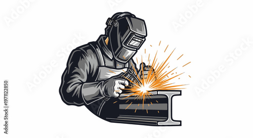 Welder in protective gear creates bright sparks while joining metal