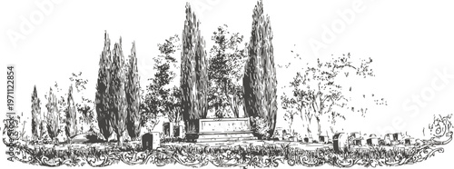 Victorian cemetery landscape with tall cypress trees, ornate gravestones, and decorative foliage border