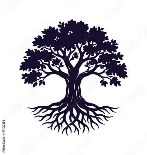 力強い生命の象徴、根を張る大樹のシルエットベクターイラスト。成長と安定を表現する、自然と環境に優しいデザイン素材。