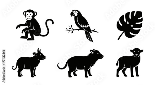 Set of black vector animal silhouettes: monkey, parrot, wild boar, goat, and lamb, with tropical leaf icon. Wildlife & farm illustrations.