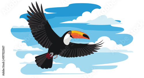 Colorful toucan bird with a vibrant orange beak flies gracefully through a clear blue sky filled with soft white fluffy clouds.