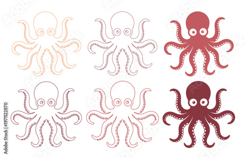 かわいいタコのベクターイラストセット、海の生き物デザイン素材、海洋生物のアイコンコレクション、水中の世界を表現するグラフィックリソース