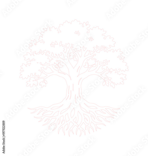 生命の樹を象徴する、根と葉が広がる力強いオークの木、自然と成長を表現するミニマルなベクターイラスト、エコデザインや環境保護プロジェクトに最適