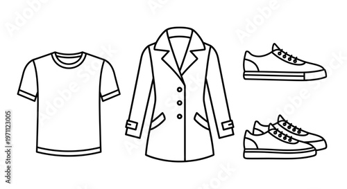 Casual Apparel and Footwear Line Art Icons Vector Set: T-shirt, Coat, and Sneakers Outline Illustration Collection