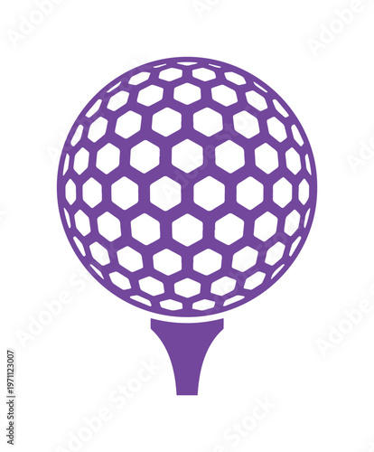 ゴルフボールとティーのシンプルな紫色ベクターアイコン、スポーツ、レジャー、健康的なライフスタイルを象徴する単色グラフィックエレメント、ウェブサイトやアプリのロゴデザインに最適なゴルフ関連のイラスト素材