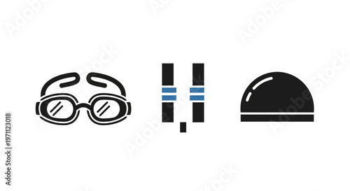 Swimming essentials icons set: goggles, nose clip, and swim cap for aquatic sports, training, and water activities illustration