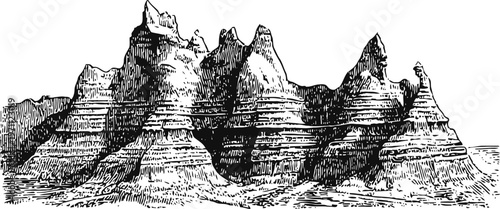 Vintage black and white engraving of layered mountain peaks with rugged rocky formations and sharp cliffs