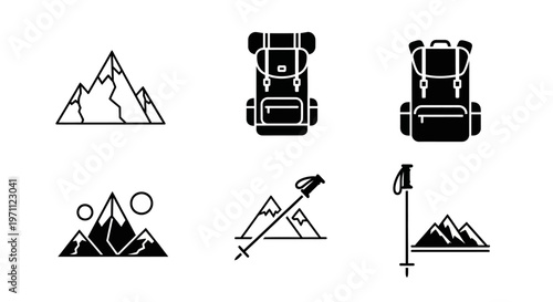 Mountain and hiking vector icon set with backpacks, peaks, and trekking poles for outdoor adventure travel and camping graphics