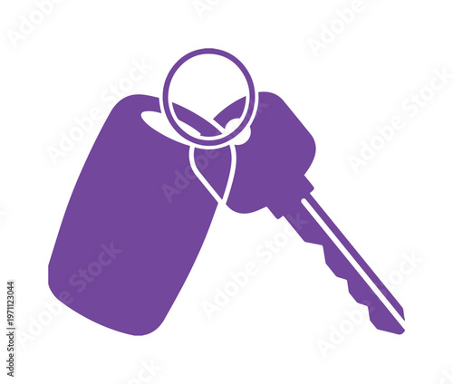 パープルカラーの鍵とキーホルダーのシンプルなベクターアイコン。セキュリティ、アクセス、不動産、自動車関連のビジネスやウェブサイトに最適な、モダンでクリーンなデザインの鍵のグラフィック素材。