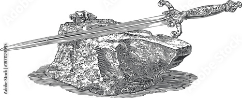 Ornate medieval sword resting on a large textured stone block with detailed engravings