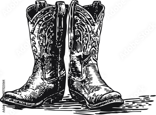 Vintage cowboy boots standing side by side western leather footwear with detailed texture and stitching