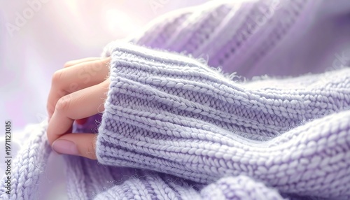 A hand in a knitted sweater