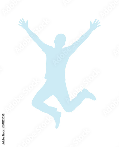 喜びと達成感に満ちた、両手を広げてジャンプする男性のシルエット。成功、自由、幸福を表現する明るい水色のベクターイラスト。