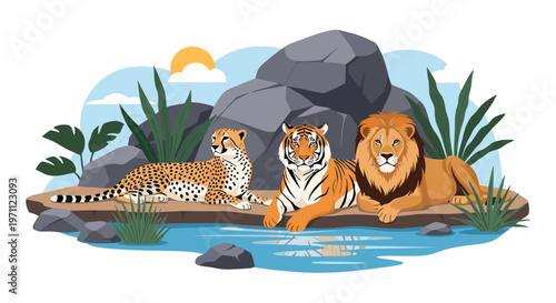Majestic big cats including a cheetah, tiger, and lion rest together peacefully by a serene blue pool in a desert oasis landscape.