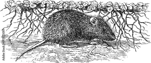 black rat under a plant with exposed roots, vintage engraving illustration, rodent close up