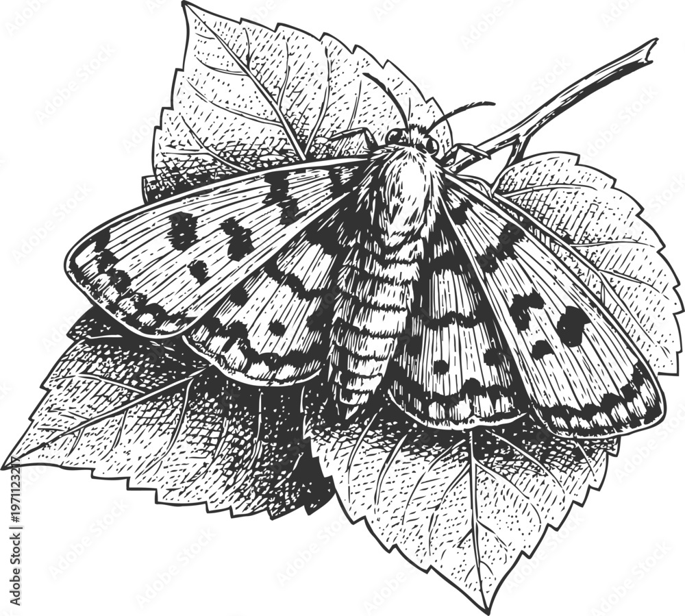 Fototapeta premium Black and white illustration of a moth resting on detailed leaves with patterned wings and body texture