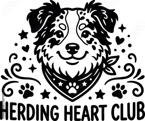 Black and white flat design smiling herding dog head with bandana and herding heart club text