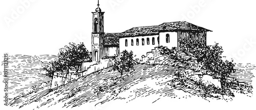 Historic hillside monastery with bell tower surrounded by trees on a rocky slope