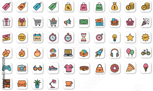 ショッピングとSALE イベントのアイコンセット：セール・通販・生活雑貨