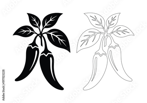 唐辛子と葉のモノクロベクターイラストセット、辛いスパイスの食材、料理や食品関連デザインに最適なシンプルでモダンなアイコン素材