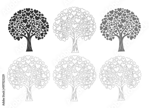 ハートの葉が茂る愛の木、ロマンチックなシンボルツリーのベクターイラストセット。結婚式やバレンタインデーに最適な、モノクロのシルエットとアウトラインデザイン。