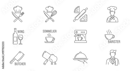 Culinary Professions Line Art Icons Set: Restaurant, Chef, Barista, Butcher, Sommelier, Waiter Symbols Collection