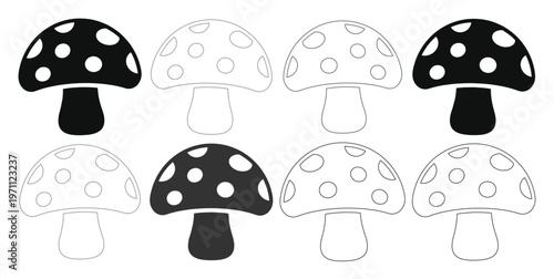 かわいい毒キノコのモノクロベクターイラストセット、ドット柄の傘を持つファンタジーなキノコ、シンプルで使いやすいアイコン素材、白黒のきのこコレクション
