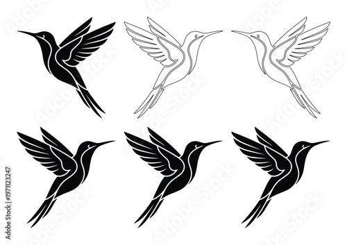 優雅に舞うハチドリのベクターイラストセット、黒いシルエットと線画のハチドリ、自然と鳥の美しさを表現したデザイン素材、ウェブサイトやロゴに。