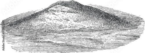 Vintage detailed illustration of a volcanic island surrounded by calm sea water under clear sky