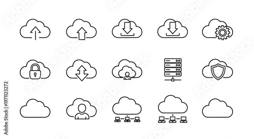 Cloud Computing Vector Icons Set. Data Storage, Network, Upload, Download, Server, and Security Technology Outline Symbols Collection.