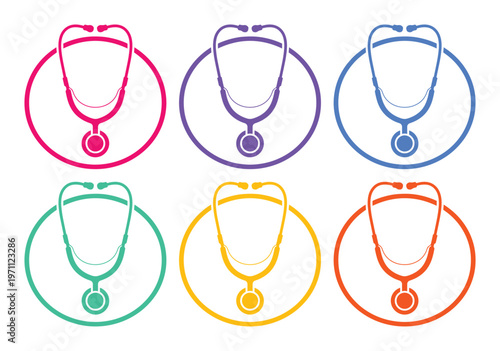カラフルな聴診器のアイコンセット、医療とヘルスケアを象徴するベクターイラスト。病院、クリニック、健康関連のウェブサイトやアプリデザインに最適な医療機器のシンボルコレクション。