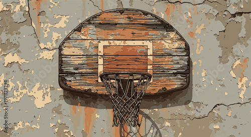 Weathered wooden basketball backboard and hoop mounted on a textured, cracked wall