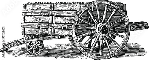 Vintage wooden cart with large spoked wheel and smaller rear wheel, classic farm or transport vehicle illustration