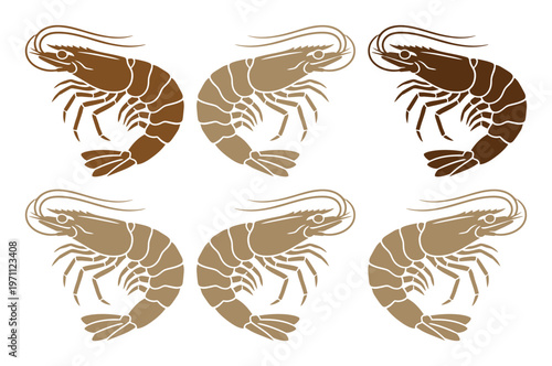 ブラウンとベージュのグラデーションが美しい、6匹のエビのベクターイラストセット。シーフードレストランや水産関連のデザインに最適な、リアルで繊細なエビのシルエット。