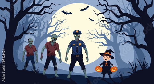 Terrifying zombies including a law enforcement officer roam a dark haunted woods under a glowing full moon with a child in witch costume.